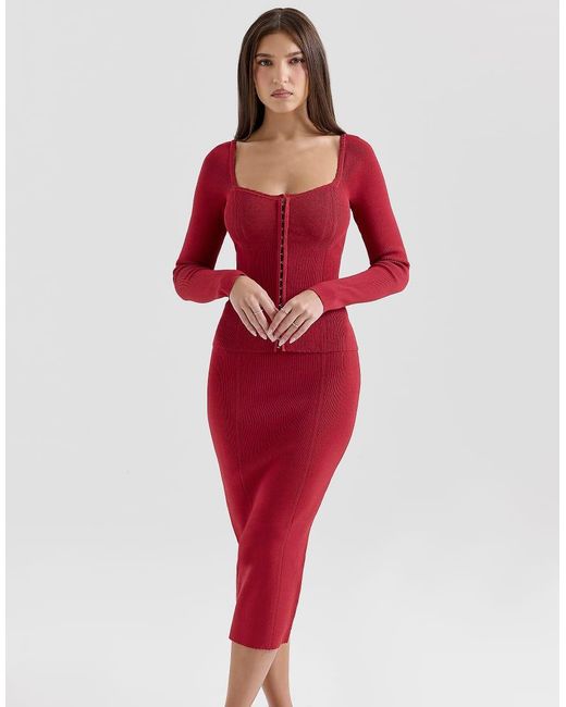 House Of Cb Red Eliane Knitted Midi Skirt