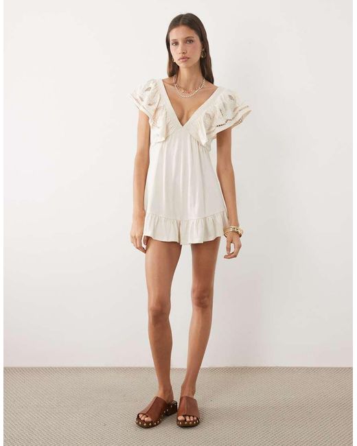 Miss Selfridge White Embroidered Ruffle Playsuit
