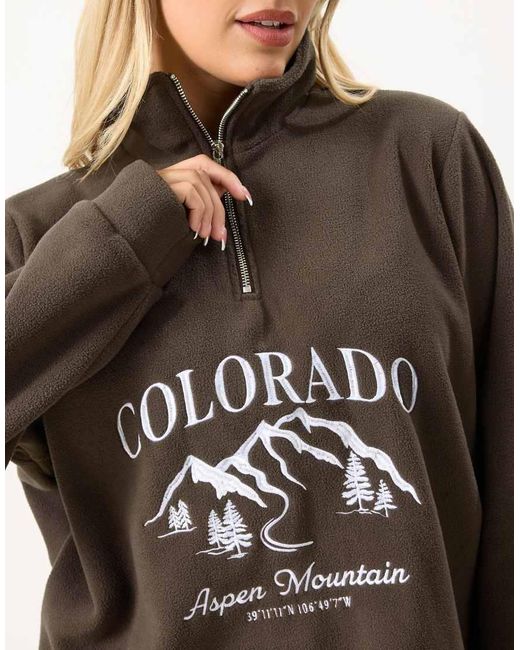 Yours Clothing Brown Slogan Quarter Zip Fleece