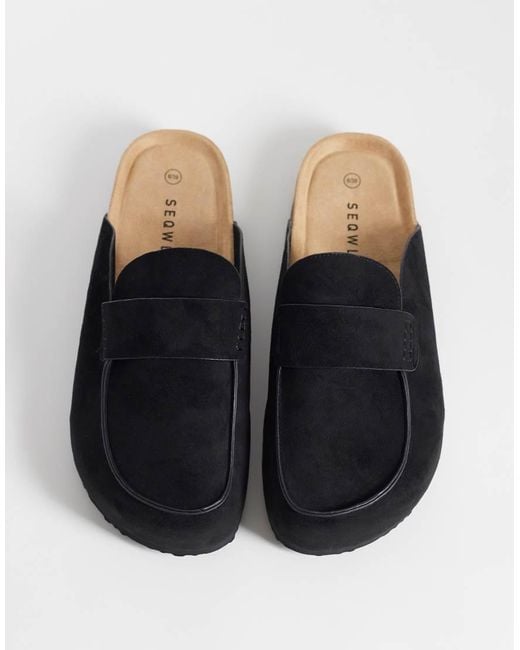 SEQWL Wide Fit Black Soda Slip On Loafer Style Mules