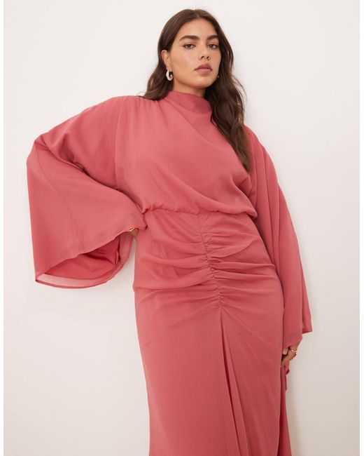 ASOS Pink Asos Design Curve Volume Sleeve Maxi Dress With Ruched Skirt