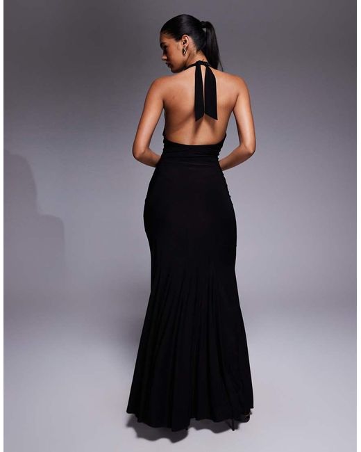 Fashionkilla Blue Exclusive Double Sculpted Slinky Plunge Halterneck Godet Hem Maxi Dress