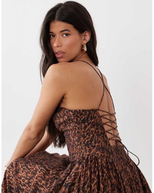 Bardot Brown Estie Sweetheart Neck Gathered Hip Strappy Lace Up Back Detail Printed Maxi Dress