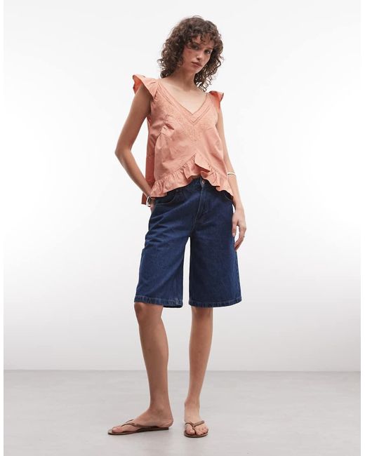 Reclaimed Vintage Blue Top Frill Sleeves And Lace Trims