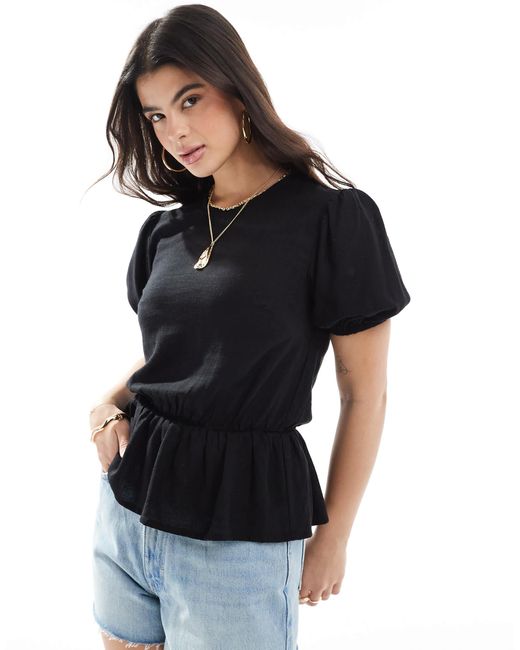 ASOS Black Linen Blend Peplum Top With Puff Sleeve