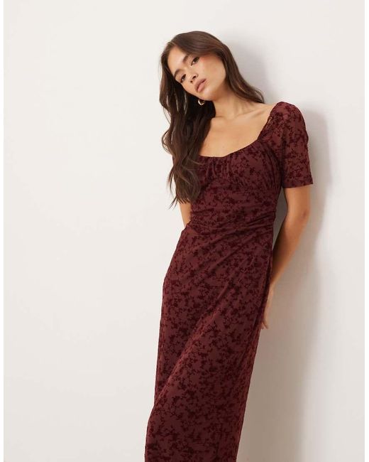 ASOS Red Lace Devore Puff Sleeve Midi Tea Dress