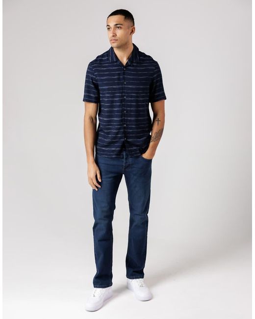 French Connection Blue Horizontal Stripe Print Short Sleeve Shirt for men