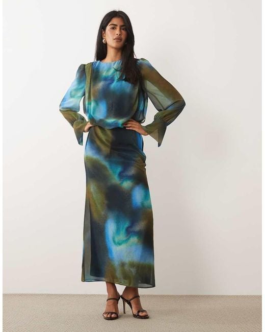 DASKA Blue Chiffon Drape Detail Blouson Waist Maxi Dress