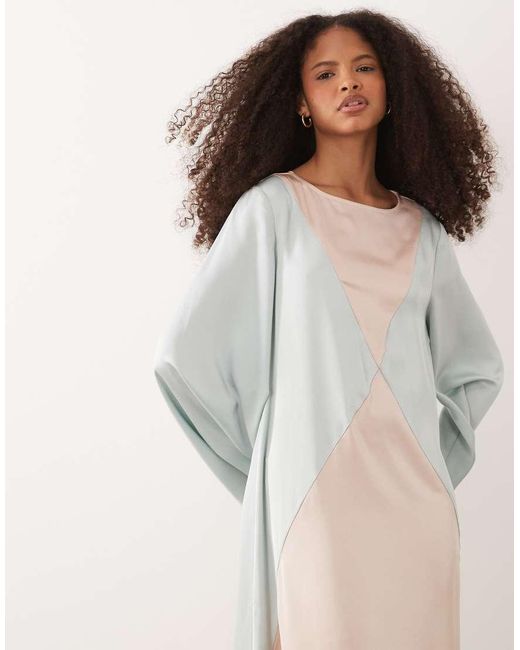 Iyal Natural Satin Contrast Panel Bell Sleeve Maxi Dress
