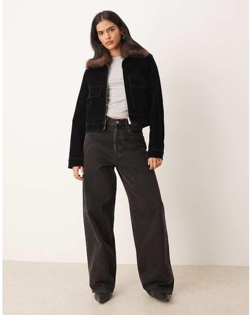 Mango Black Denim Jacket With Faux Fur Collar