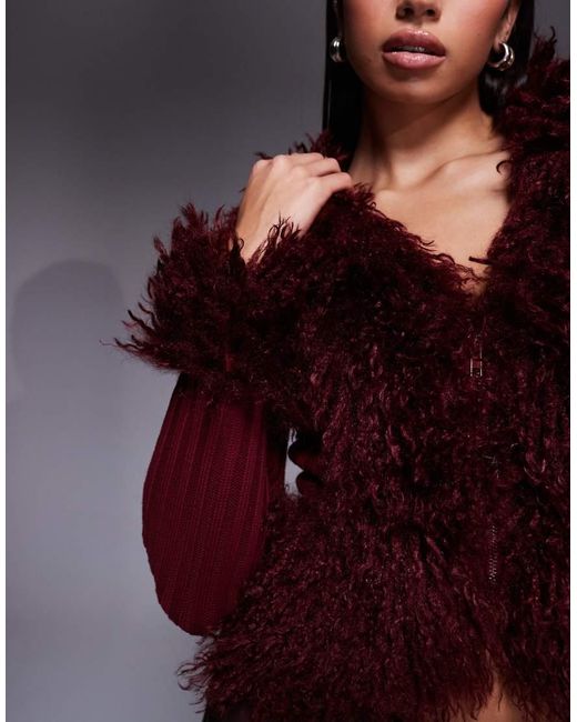 I.AM.GIA Purple Cressida Compact Knit shaggy Faux Fur Trim Zip Through Cardigan