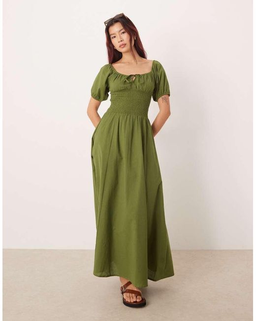 esmé studios Green Esmee Puff Sleeve Tie Front Maxi Beach Dress