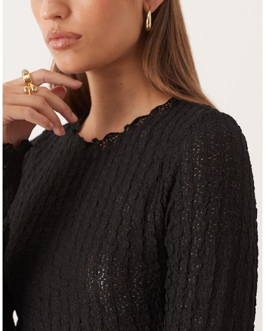 Aware Black Textured Jersey Long Sleeve T-Shirt With Lettuce Edging