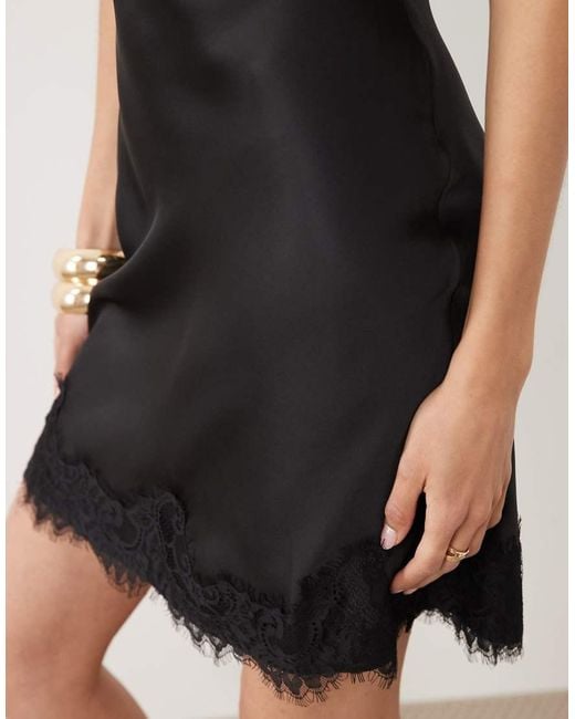 ASOS Black Asos Design Tall Slash Neck Satin Mini Dress With Lace Hem