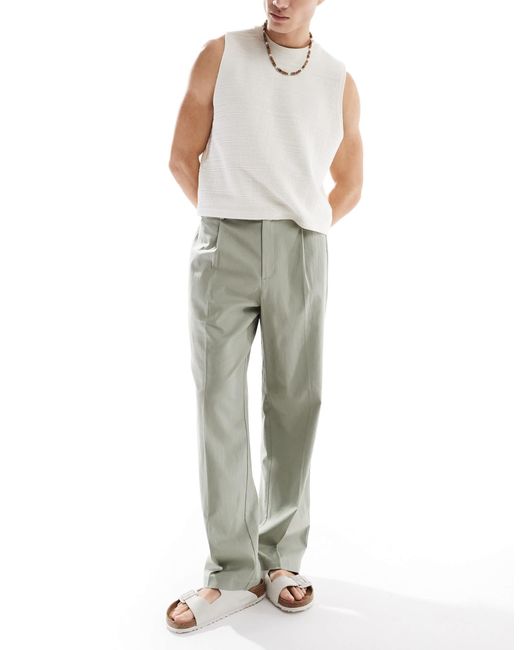 ASOS Gray Smart Wide Leg Linen Blend Trousers With Front Pleat for men