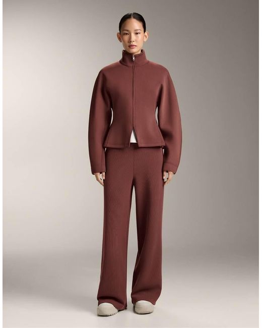 Oysho Red High Rise Rib Trousers With Soft Touch Modal