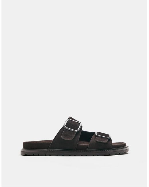 Pull&Bear Black Leather Buckle Sandals for men