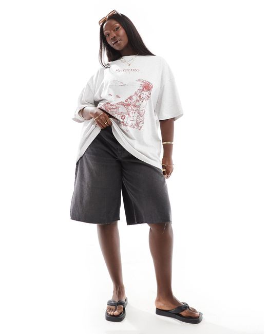 Asos design curve - t-shirt boyfriend pesante ghiaccio mélange con grafica "sorrento" di ASOS in Gray