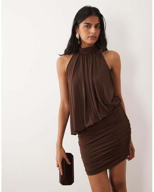 Mango Brown Ruched Halterneck Mini Dress