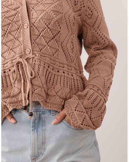 Miss Selfridge Brown Mix Crochet V-neck Peplum Hem Cardigan