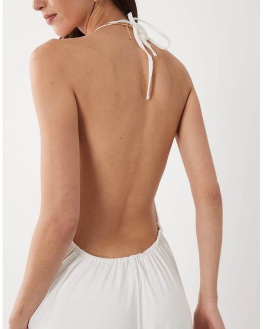 SNDY'S White Cotton Blend Halterneck Low Back Side Drape Detail Maxi Dress