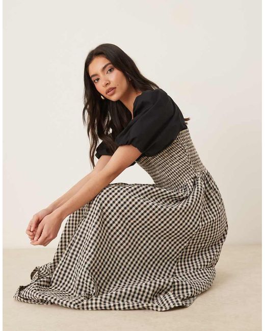ASOS Natural Shirred Bodice Maxi Dress With Puff Sleeve