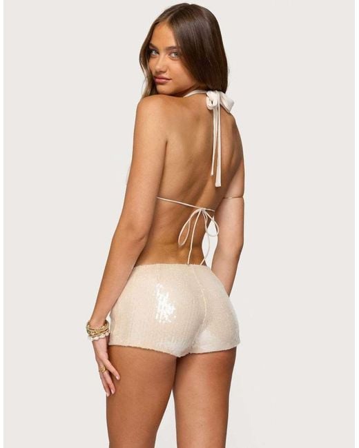 Edikted Natural Roxey Sequin Backless Cowl Neck Top