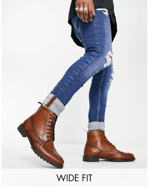 Ben Sherman Blue Wide Fit Leather Smart Brogue Boots for men
