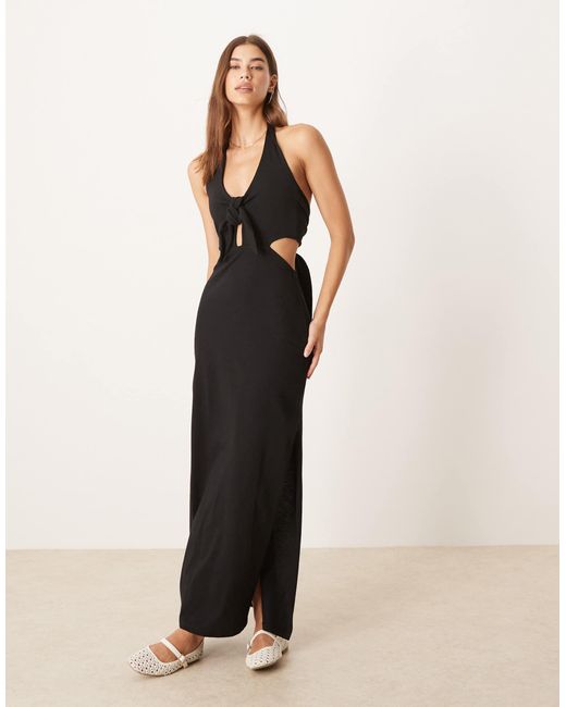 ASOS Natural Halter Maxi Dress With Bow Detail