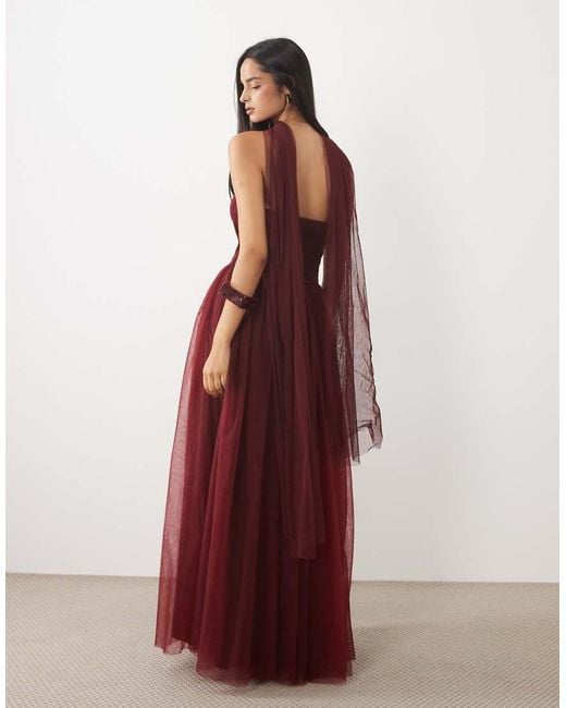 LACE & BEADS Red Tulle Bandeau Scarf Neck Corset Maxi Dress