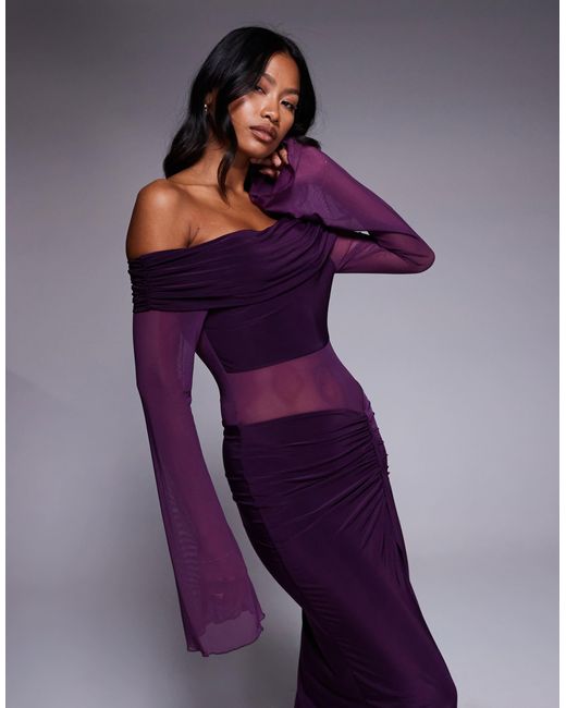 Kaiia Purple Exclusive Double Layered Slinky Foldover Off The Shoulder Sheer Panel Ruched Skirt Maxi Dress