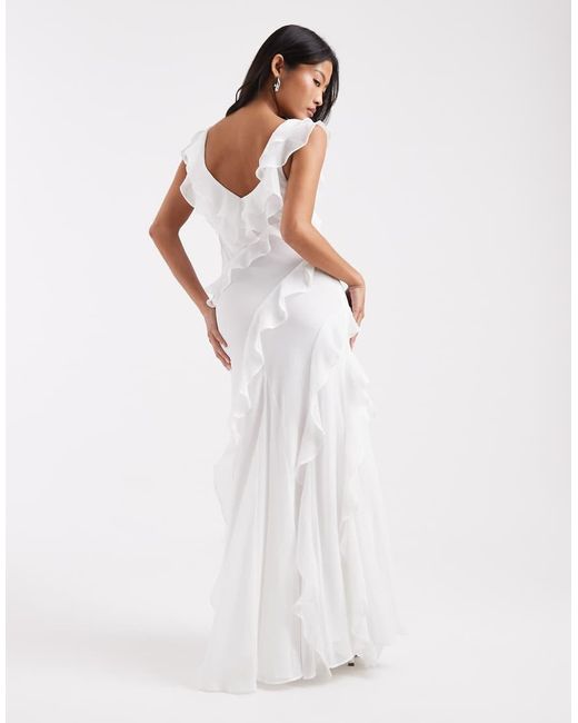 Forever New White Bridal V Neck Sleeveless Ruffle Detail Maxi Dress