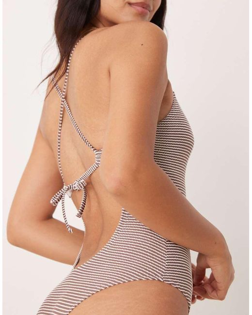 Free Society Brown Stripe Crinkle Plunge Swimsuit