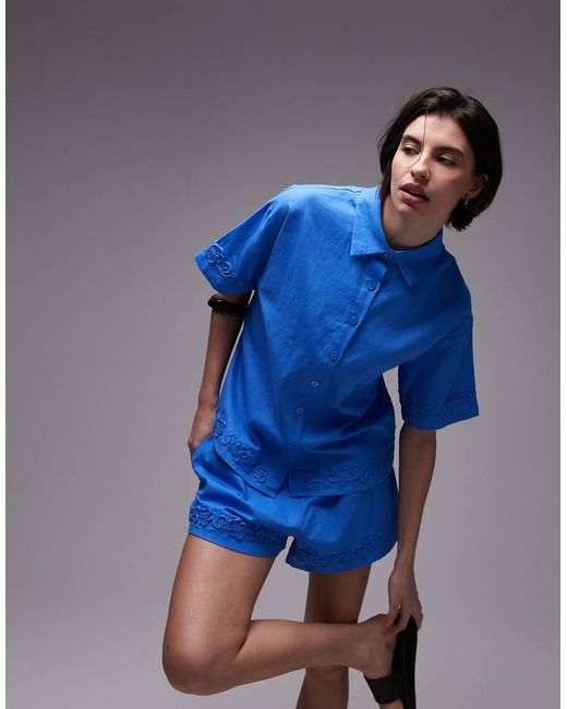 SNDY'S Blue Linen Blend Short Sleeve Flower Applique Detail Shirt Co-ord