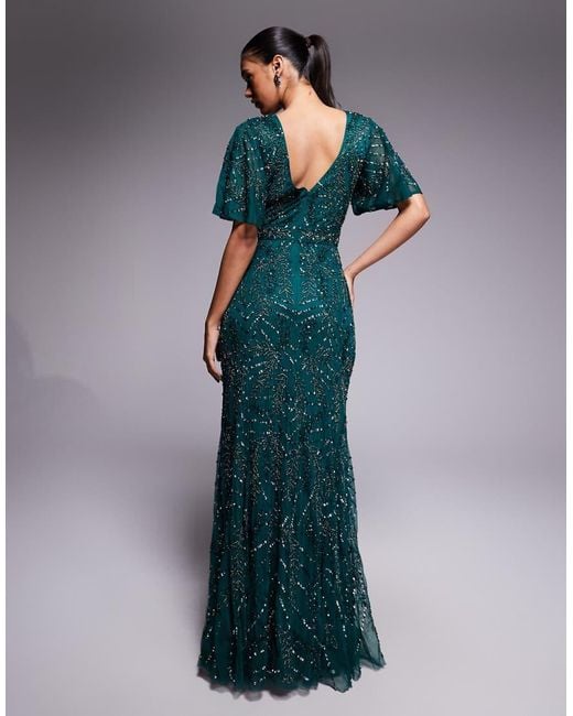 Beauut Blue Embellished V-neck Wrap Flutter Sleeve Maxi Dress
