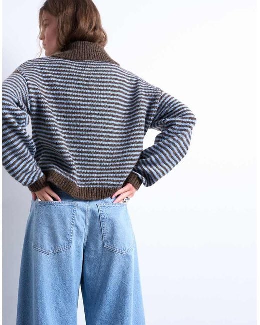 TOPSHOP Blue Knitted Stripe Collar Jumper