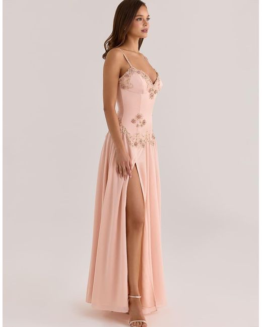 House Of Cb Pink Saloma Satin Custom Hand Beaded Embellished Maxi Dress