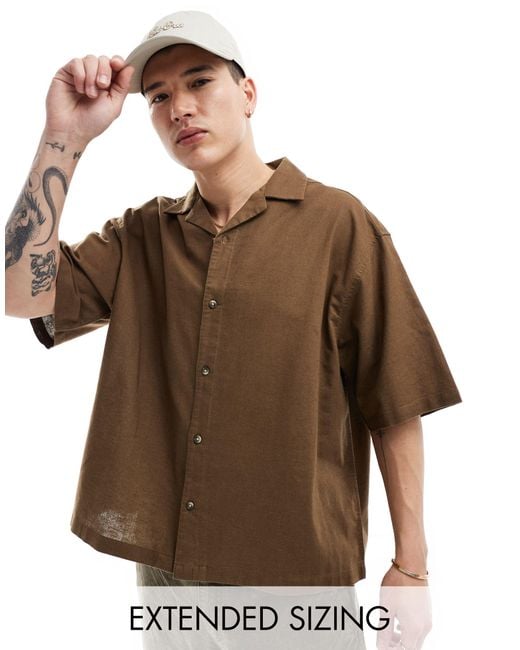 ASOS Brown Boxy Oversized Linen Blend Shirt With Revere Collar for men