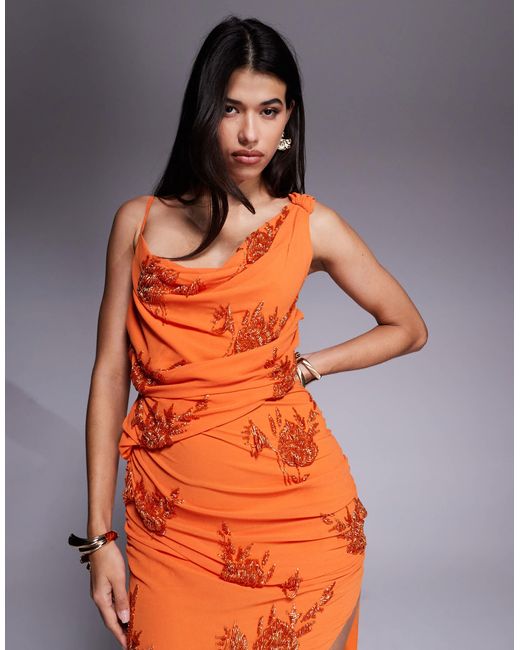 Robe longue drapée à découpe et fleurs ASOS en coloris Orange
