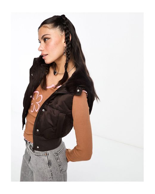 Collusion Brown Y2k Satin Hybrid Gilet With Faux Fur Hood