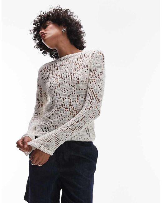 TOPSHOP White Knitted Slash Neck Lace Long Sleeve Top