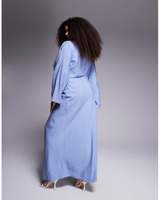 ASOS Blue Asos Design Curve Long Sleeve Tucked Waist Bias Satin Maxi Dress