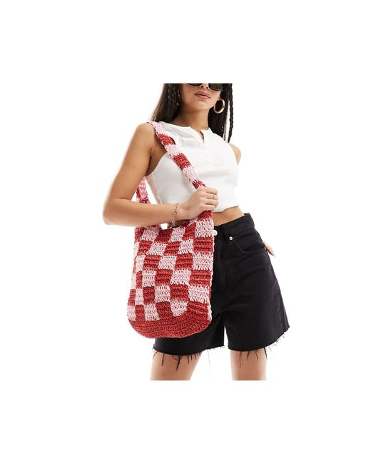 South Beach Red Checkerboard Crochet Tote Bag