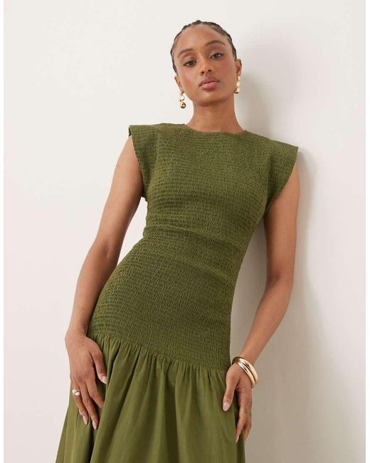 ASOS Green Asos Design Tall High Neck Shirred Poplin Maxi Dress With Dropped Waist