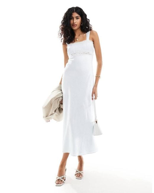 ASOS White Crushed Satin Lace Insert Midi Dress