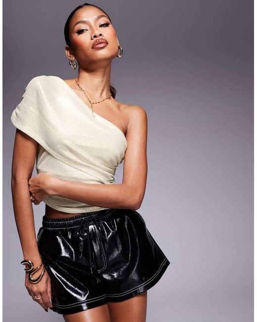 ASOS Metallic Ruched Side Fallen Shoulder Top