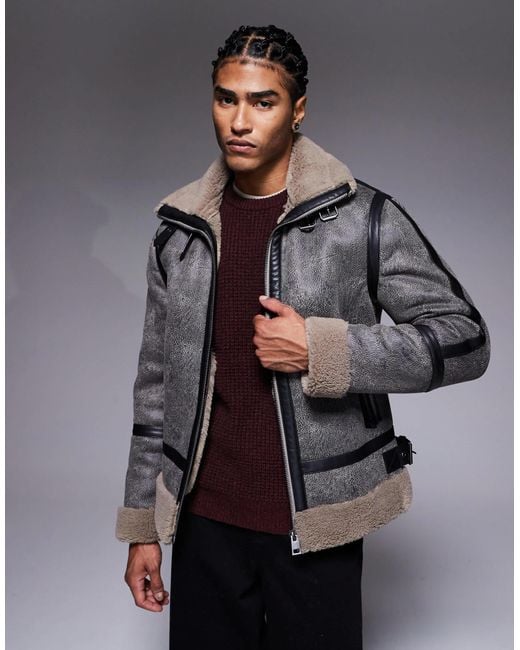 River Island Gray Washed Faux Leather Shearling Jacket for men