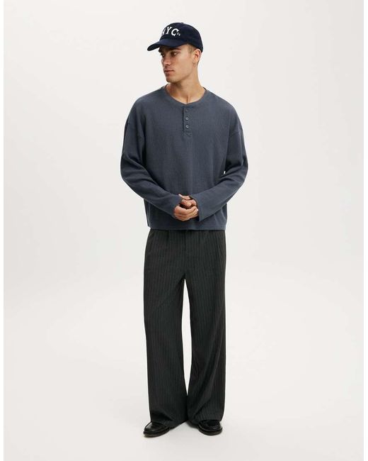 Cotton On Blue Relaxed Fit Textured Henley Long Sleeve for men
