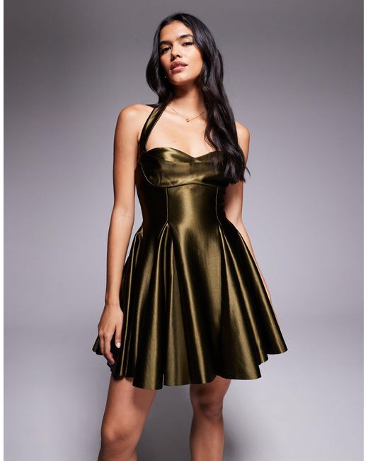 ASOS Green Structured Satin Mini Dress With Halter Straps And Extreme Skirt