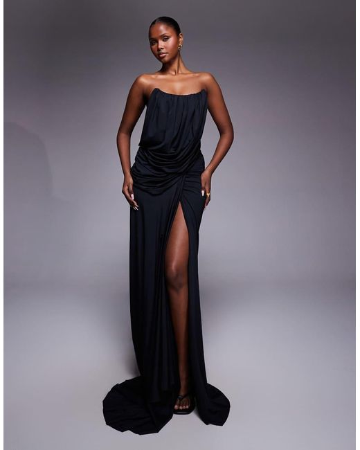 HEIRESS BEVERLY HILLS Blue Structured Bandeau Drape Detail Thigh Split Maxi Dress